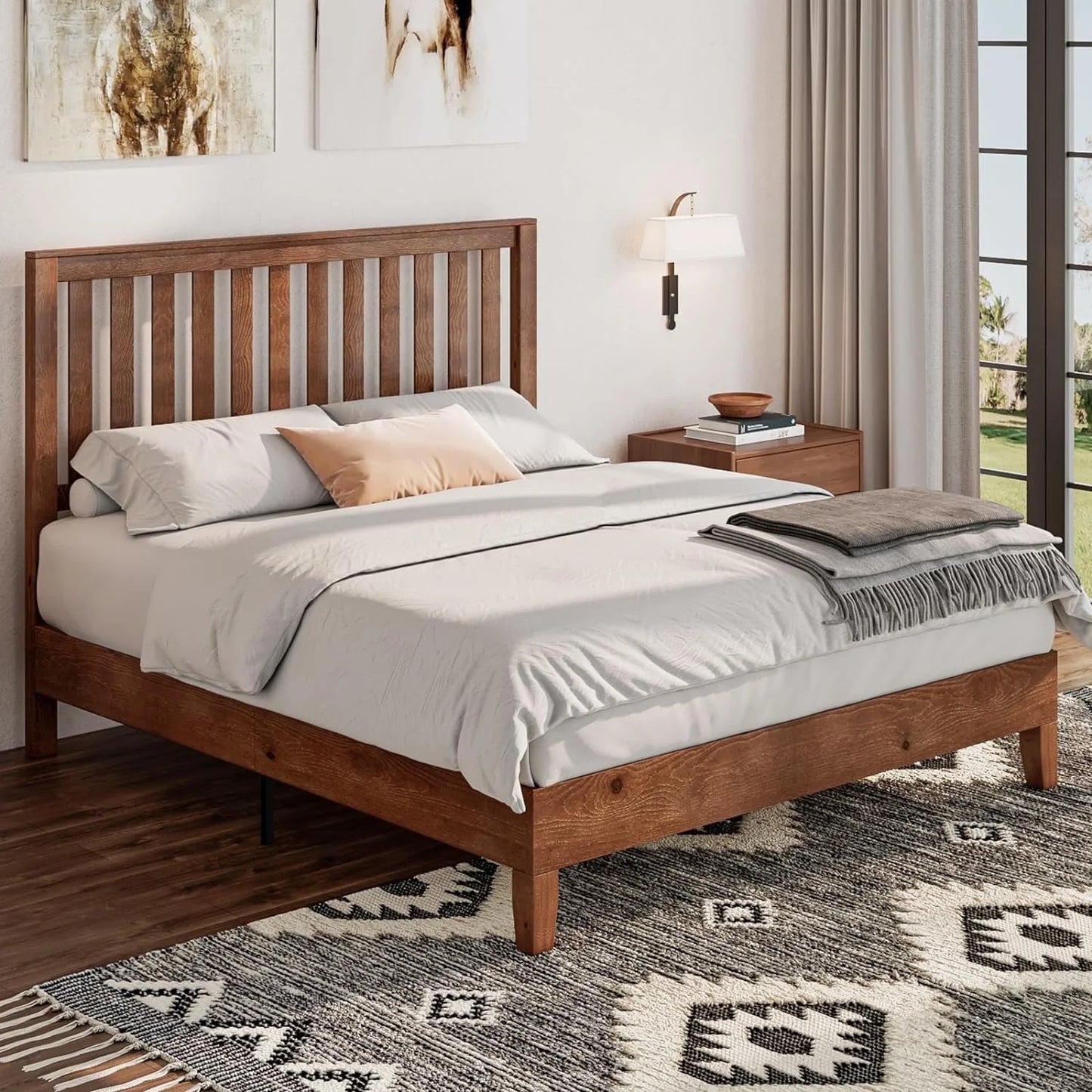 VanAcc Solid Wood Bed Frame with Headboard, Mid-Century Platform Bed