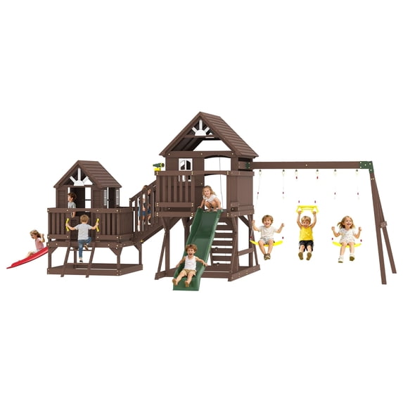 LUXOAK Wooden Swing Set for Kids, Large Outdoor Playset with Playhouse, Wave Slide, 2 Swings, Climbing Wall