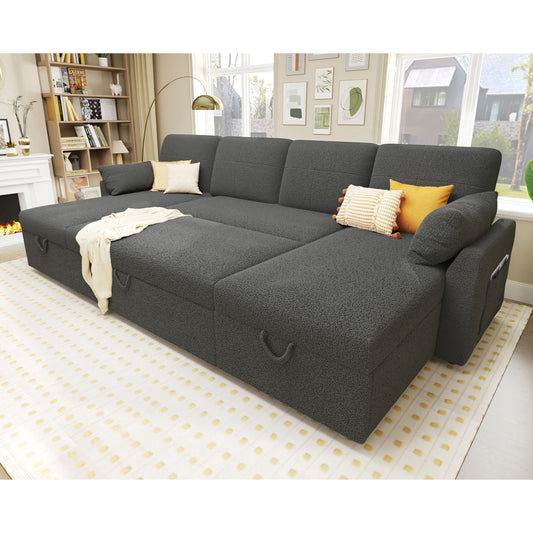 VANACC 110" Sleeper Sofa with Storage Chaise, Grey Boucle Couch