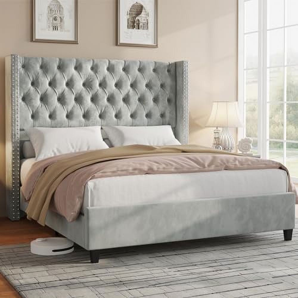 Merluxy Bed Frame Velvet Upholstered Platform Bed with 51.6" Tall Wingback Headboard
