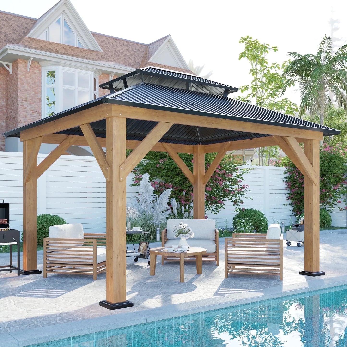 Merluxy Wood Gazebo, Wind & Rain Resistant Design, Grill Gazebo for Garden, Backyard