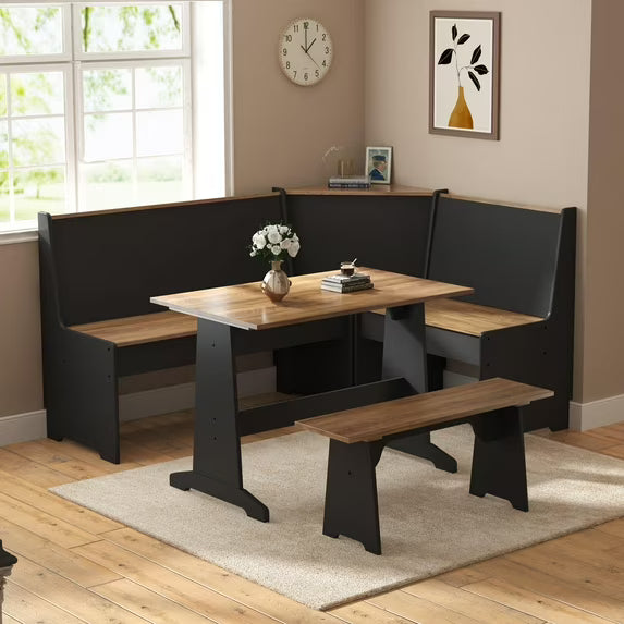 Merluxy 3-Piece Breakfast Nook Dining Set, L-Shaped Corner Bench with Hidden Storage, Space-Saving Kitchen Table Set for Small Spaces, Black & Oak