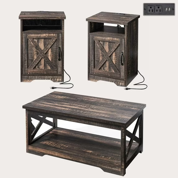 Merluxy 3-Piece Farmhouse Table Set Includes Coffee Table& Two End Tables, Side Table with Charging Station and USB Ports, for Living Room, Bedroom