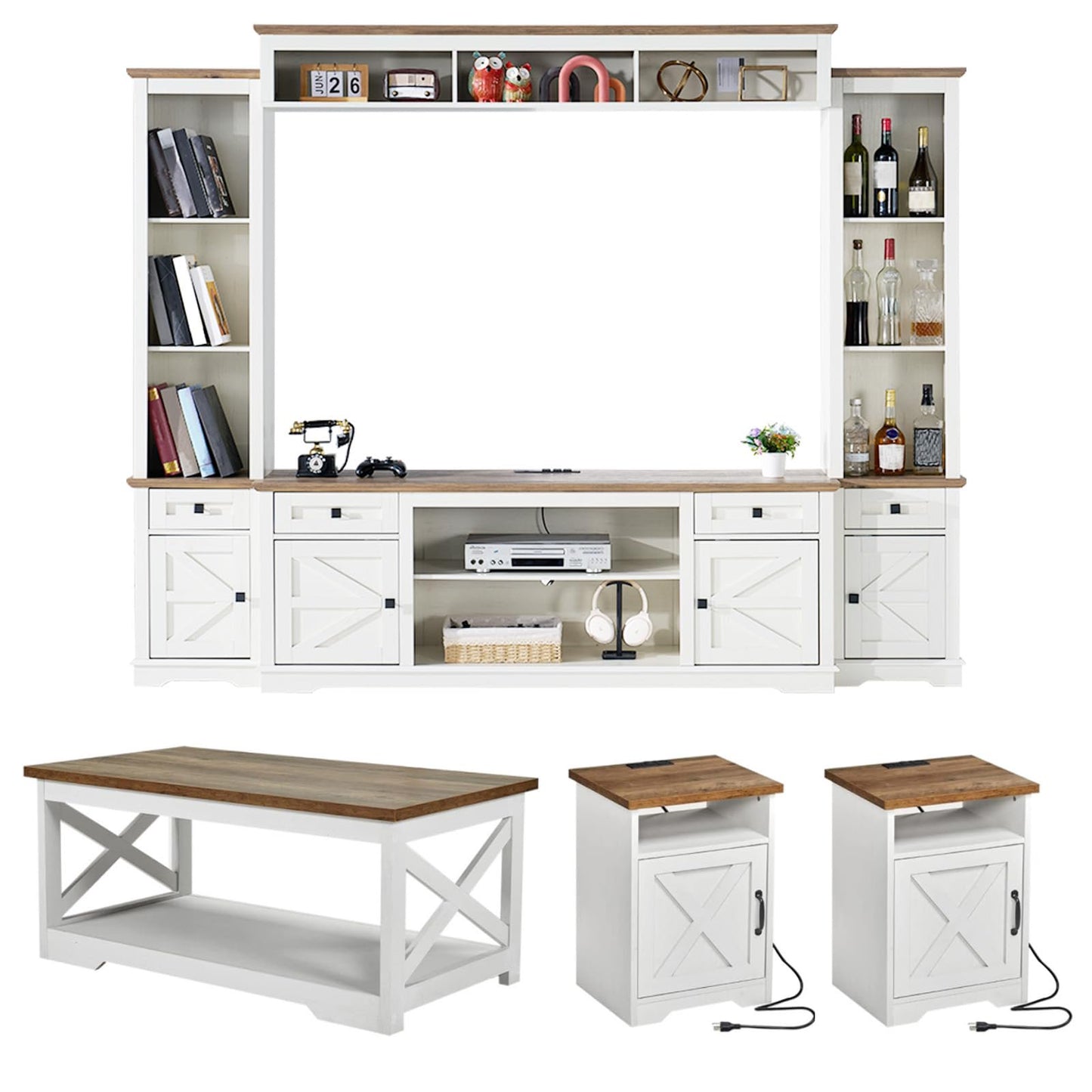 Merluxy 4 Pieces Living Room Table Sets, 98" Farmhouse Wall Unit TV Stand, Coffee Table & 2 End Tables with Charging Station, Barnwood & White