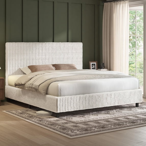 Merluxy 43.7"H Bed Frame, Upholstered Metal Platform Bed with Vertical Channel Tufted Headboard, Soft Fabric & Strong Metal Slats