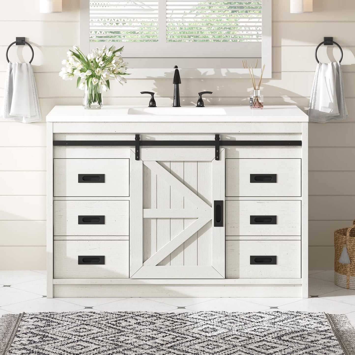 Merluxy Sliding Barn Door Bathroom Vanity with Sink, Farmhouse Bathroom Vanity Cabinet Set with Sliding Doors & Drawers, Metal Handles, Small Single Bath Storage Vanity Sink Combo