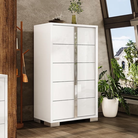 Merluxy 50.2" H Modern 5 Drawer Dresser, Glossy Surface Chest of Drawers, Large Storage Organizer for Bedroom, Living Room, Cloakroom, Adult
