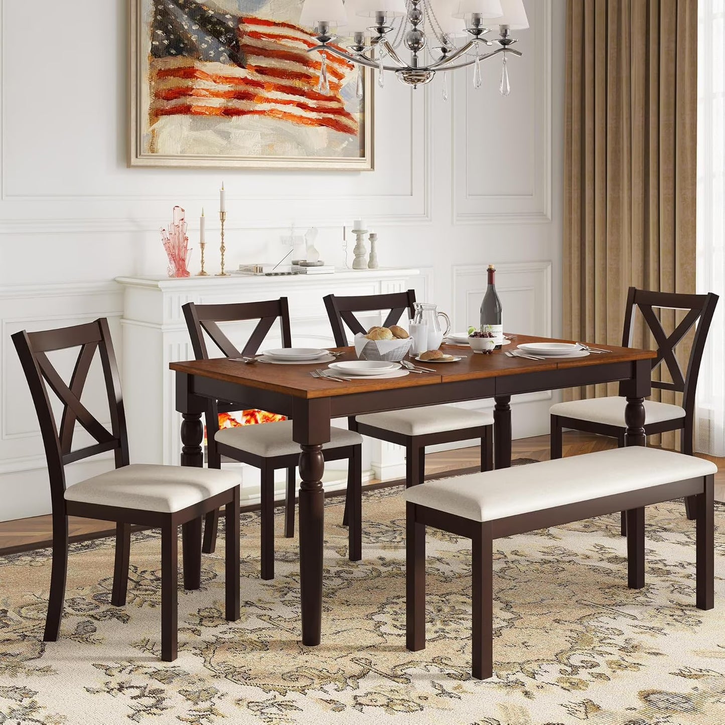 Merkuxy 6-Piece 60" Solid Wood Dining Table Set, for Kitchen, Dining Room, Brown & Cream/Black