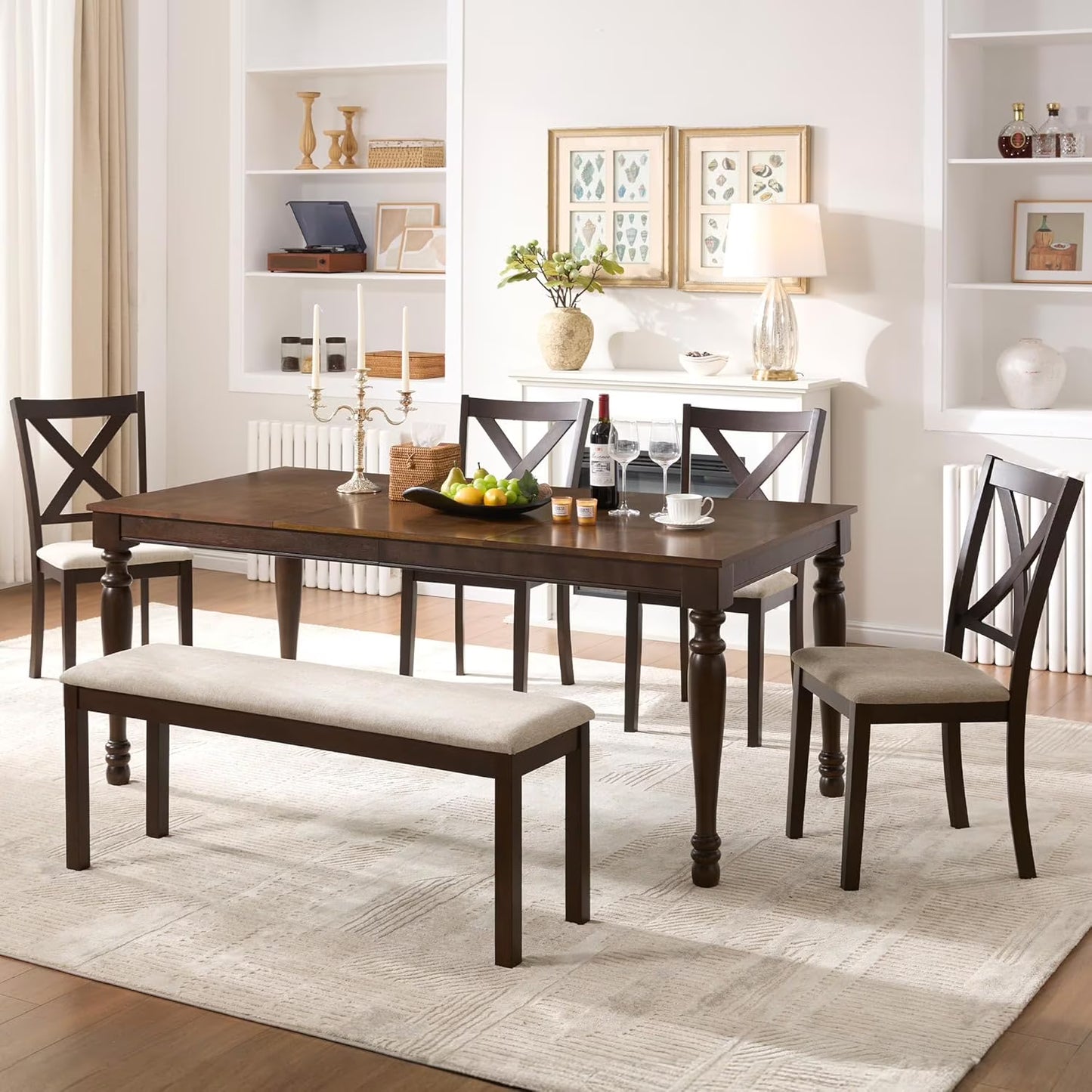 Merluxy 6-Piece 71" Solid Wood Dining Table Set, for Kitchen, Dining Room, Brown & Cream/Black