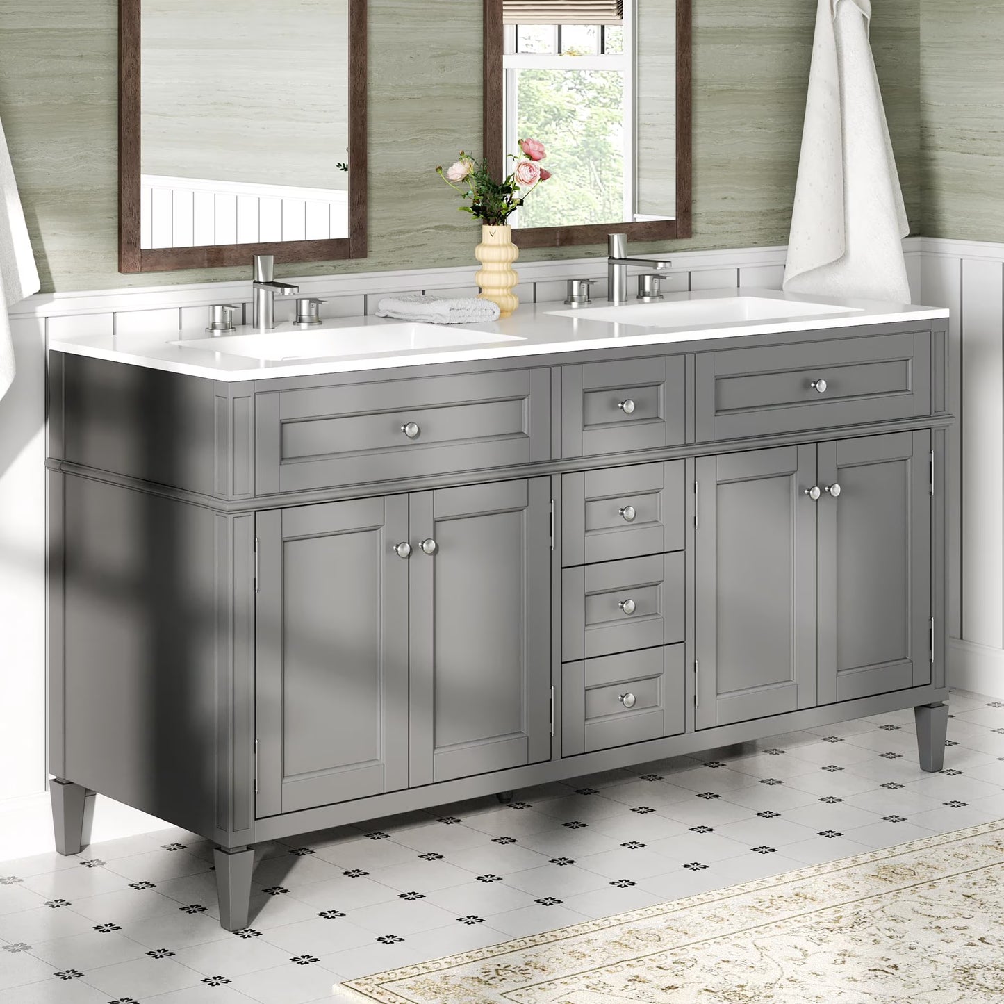 Merluxy 60″ Bathroom Vanity with Sink Combo, Modern Double Sink Vanity, Solid Wood with 3 Storage Drawers & Adjustable Shelves