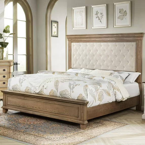 Merluxy 68.1" H King Size Bed Frame with Upholstered Headboard, Solid Wood Mid-Century Platform Bed, Architectural Design, Light Oak