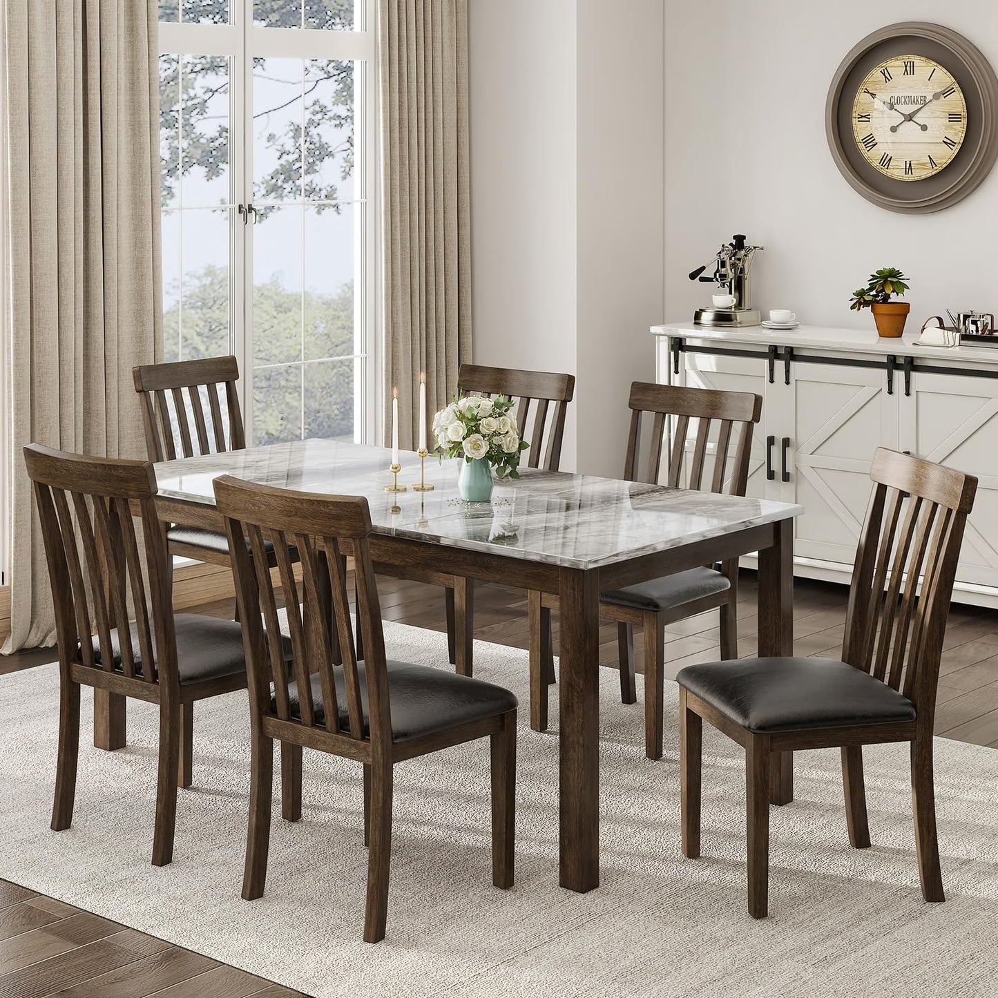 Merluxy 7 Piece Dining Table Set,71" Solid Wood Table & Chair Set for Kitchen, Dining Room, Brown