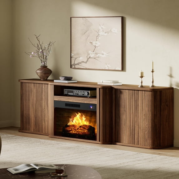 Merluxy Fluted Electric Fireplace TV Stand, Mid Century Modern, Entertainment Center for 80" TVs, Sliding Tambour Doors, Hidden Storage