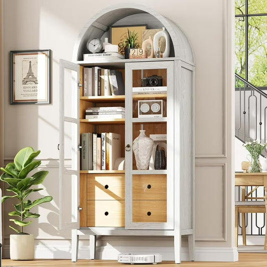 VANACC Modern Arched Storage Cabinet with Glass Doors and Drawers, Adjustable Shelves