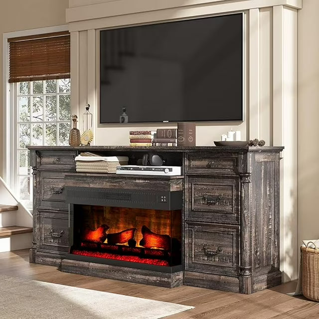amerlife 75" Farmhouse TV Stand with 36'' 3-Sided Glass Fireplace, Large Entertainment Center with 2 Drawers & Doors Closed Storage, TV Console for TVs up to 85"
