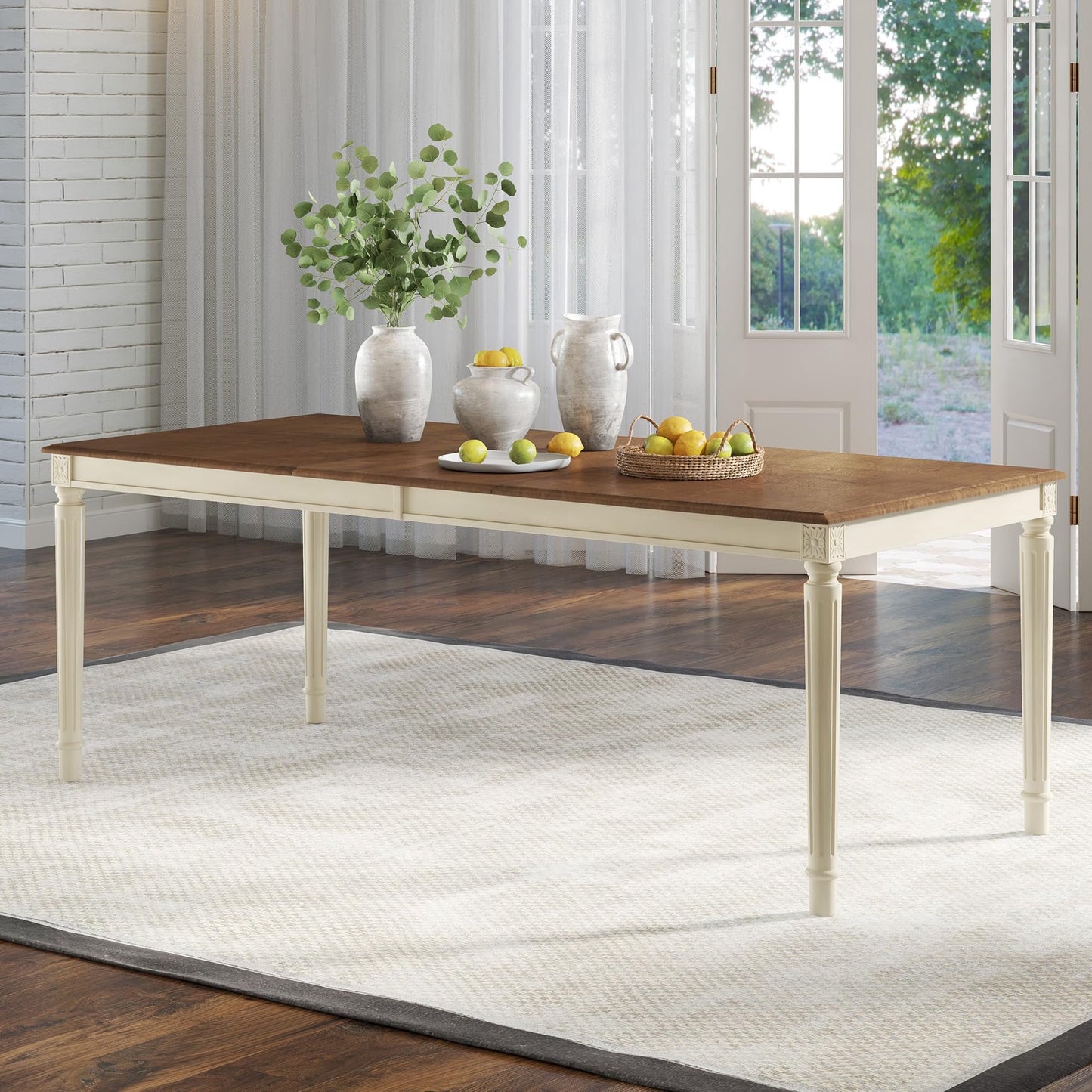 Merluxy 79" Farmhouse Dining Table Dark Brown Solid Wood with Roman Legs