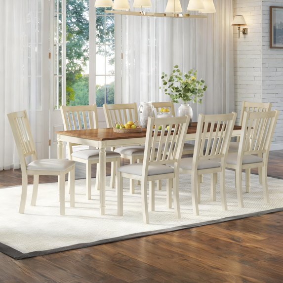 Merluxy 9-Piece Farmhouse Solid Wood Dining Table Set with 8 Upholstered Chairs, 79'' Dining Table & Chairs Set for Dining Room, Brown & White