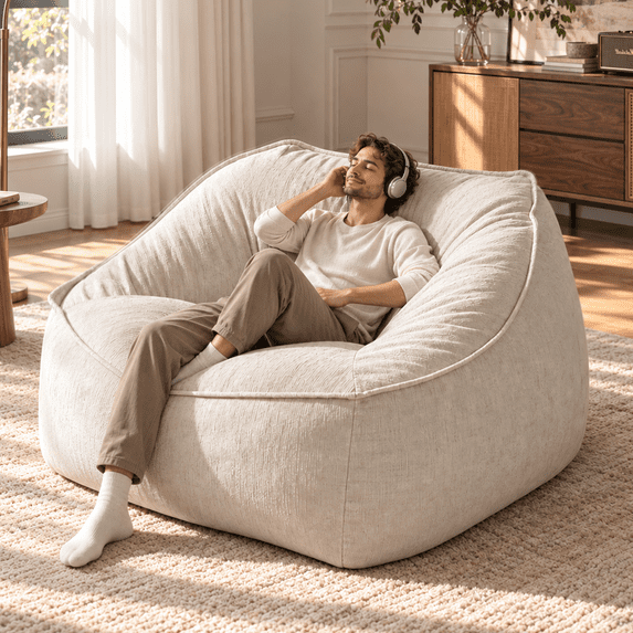 Merluxy 3.8 ft Bean Bag Chair for Adults, Oversized Couch, Chenille Cream for Classroom and Dorm