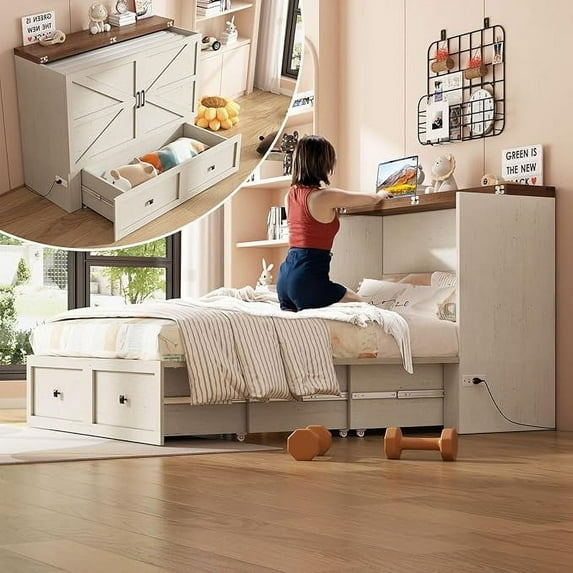 Merluxy Murphy Bed with Storage & Charging Station, Farmhouse Murphy Cabinet with Foldable Panel, for Guest Bedroom, Living Room