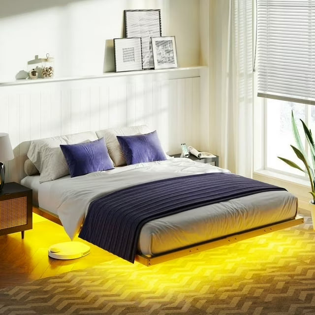 AMERLIFE Queen Industrial Metal Floating Platform Bed with LED Lights