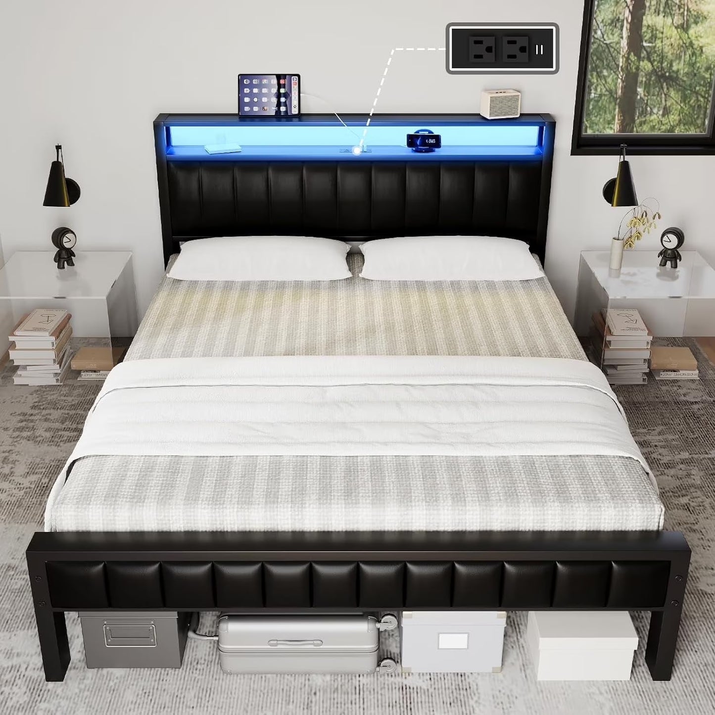 Merluxy Frame, LED Light, PU Leather Headboard, Charging Station, 2-Tier Storage Headboard,No Box Spring Needed,Noise Free,Adult