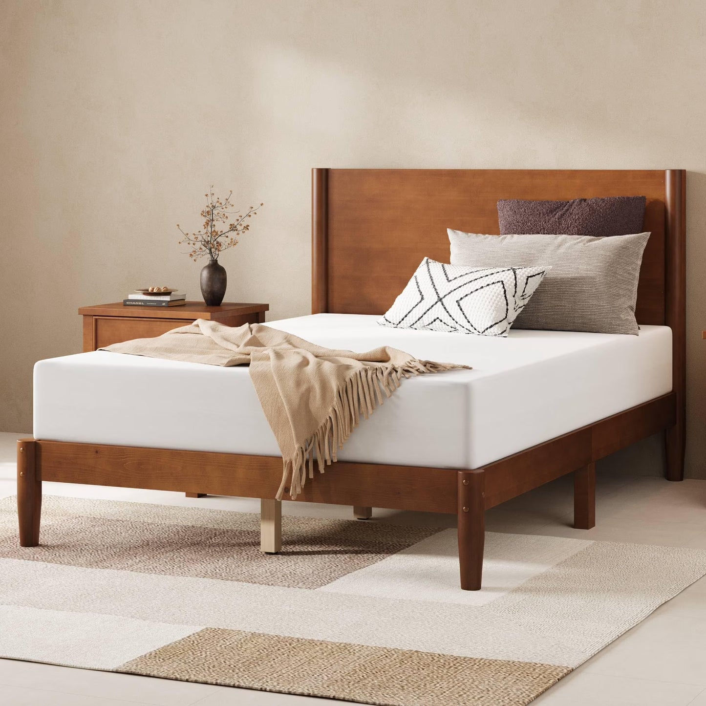 Merluxy Solid Wood Bed Frame, Mid Century Modern Bed with Full Panel Headboard, Under-Bed Storage