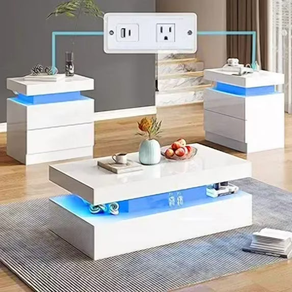 Merluxy High Gloss 3 Pieces Living Room Table Set, Modern LED Coffee Table Sets of 3, 2-tier Center Table with 2 End Side Tables