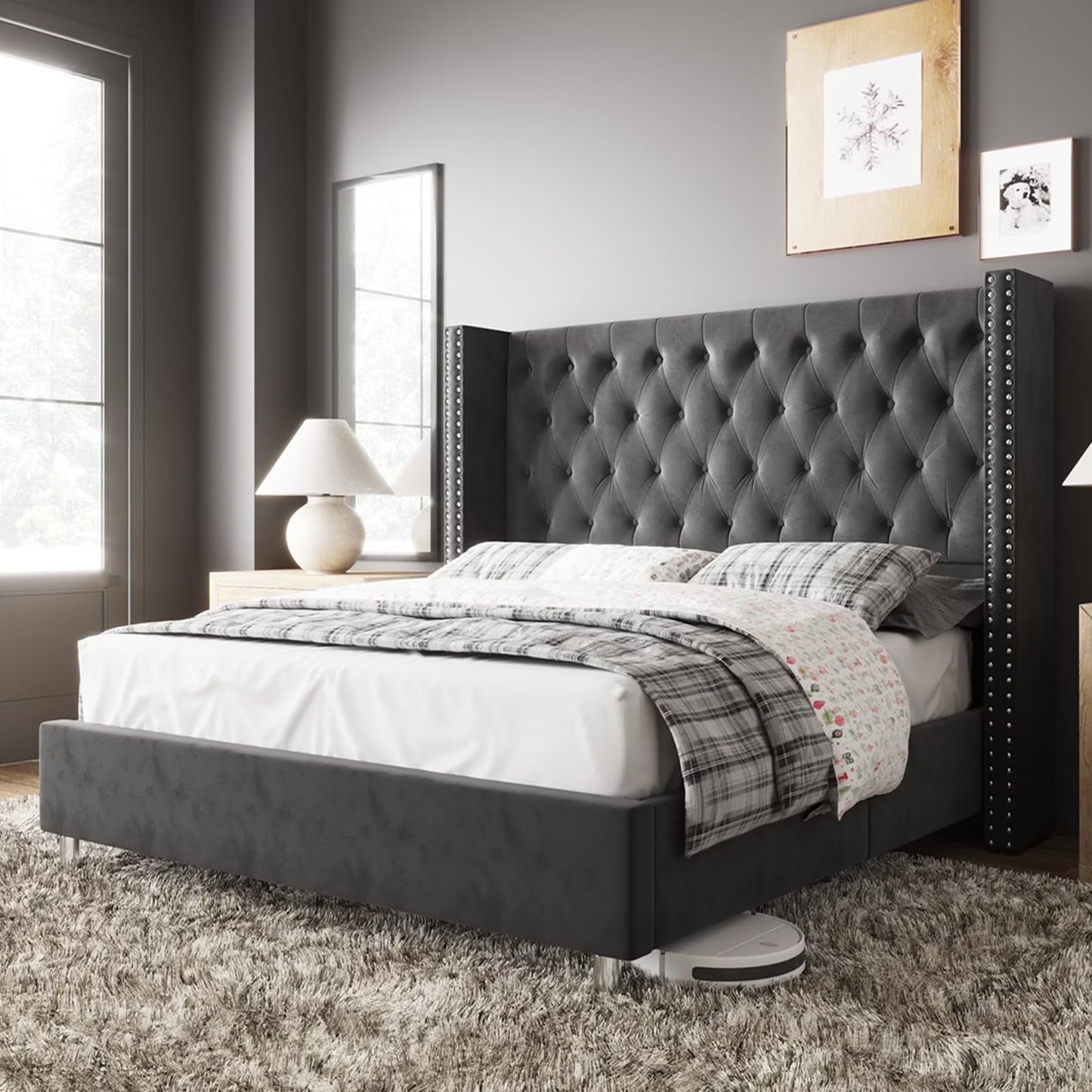 Merluxy Upholstered Bed Frame with Wingback Headboard/Velvet Fabric/Button Tufting/Nail Head Trim