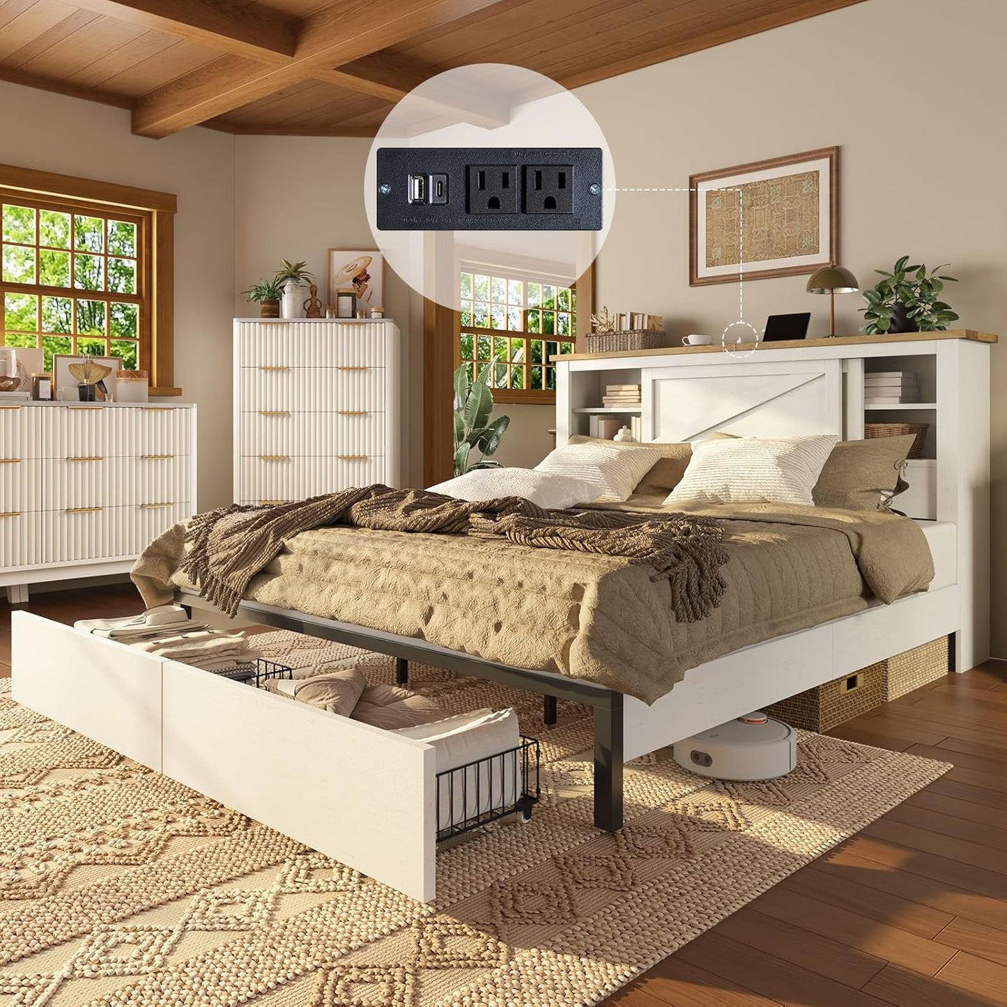 Merluxy Farmhouse Bed Frame with Bookcase Headboard and Charging Station