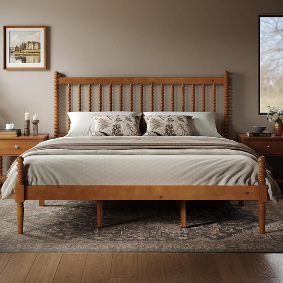 Merluxy Solid Wood Platform Bed Frame with 47.2" Bobbin Spindle Headboard, Vertical Turned Posts, Heavy-Duty Wooden Slats Support
