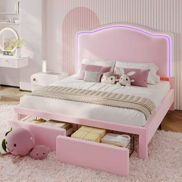 Merluxy LED Bed Frames with Storage Drawer, Upholstered Platform Bed with Adjustable Headboard, No Box Spring Needed, Easy Assembly