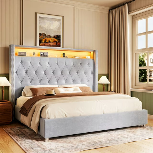PLAUIN LED Bed Frame,Charging Station and Storage Upholstered Headboard/Velvet