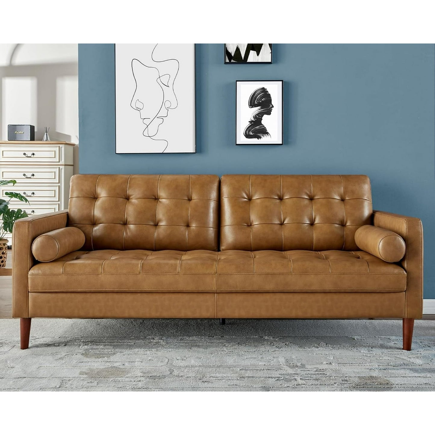 Merluxy Leather Sofa,Mid-Century Modern Genuine Leather Sofa,3 Seater Comfy Couch for Living Room Home Office-Brown Leather Sofa Couch