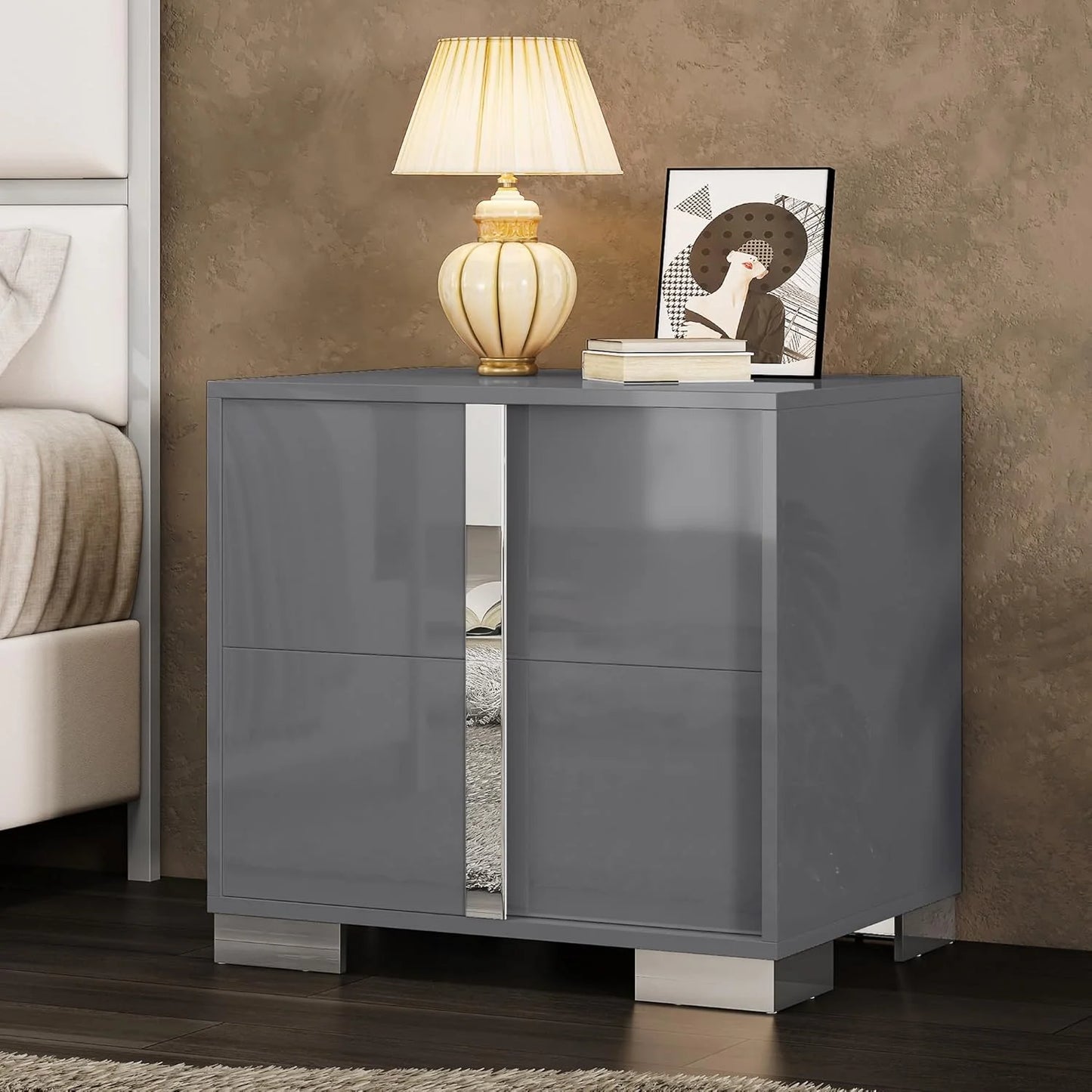 VANACC Nightstand with Drawers & High Gloss UV Finish,Storage End Tables for Bedroom