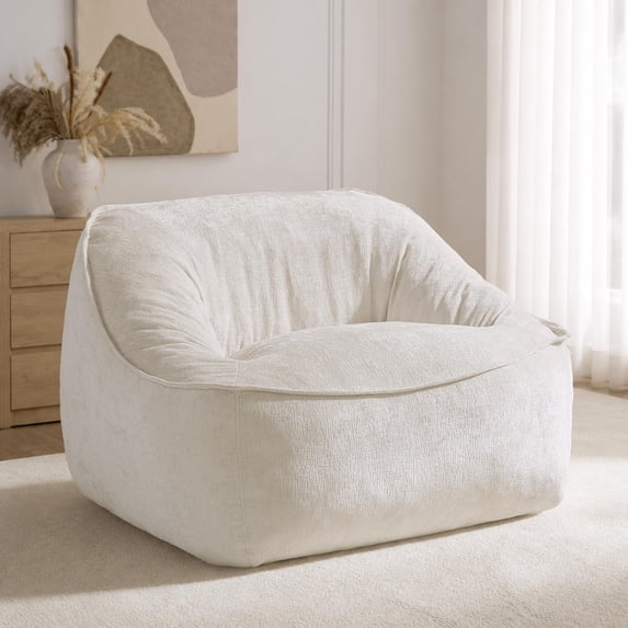 Merluxy Oversized Bean Bag Chair for Adult, Chinille Lounge Sofa, Cream, Cloud Lounge Chair, 27.6'' Deep Seat, Chopped Foam Filling, No Assembly