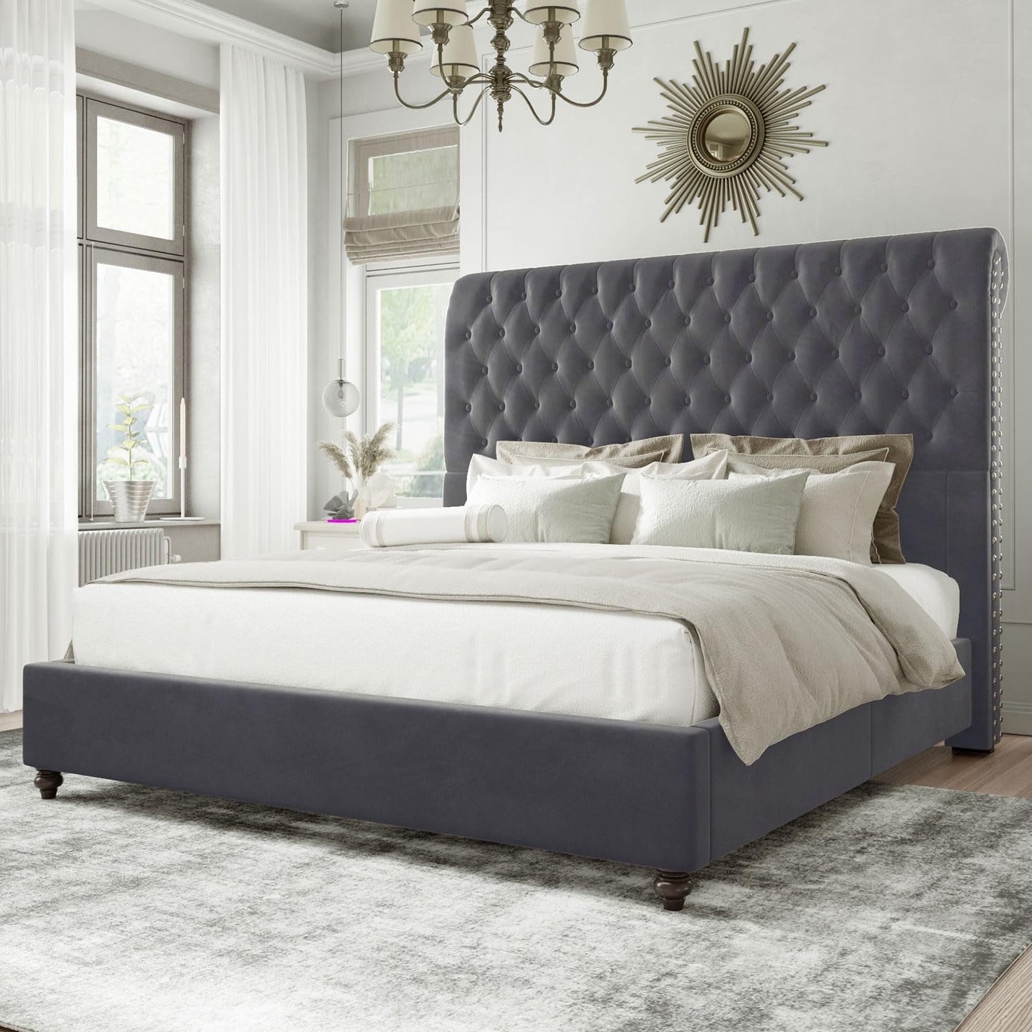 Merluxy Queen Bed Frame Sleigh Headboard Velvet Tufted Gray