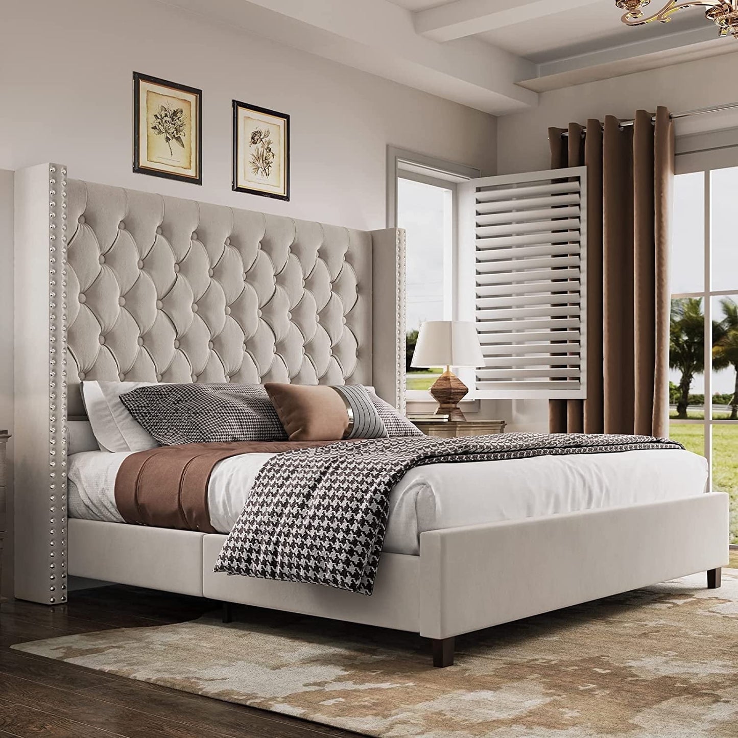 Merluxy Bed Frame with 61.4" Handmade Deep Button Tufted Headboard