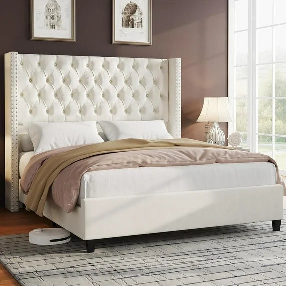 Merluxy Bed Frame with Deep Button Tufted and Velvet Wingback Headboard,No Box Spring Needed