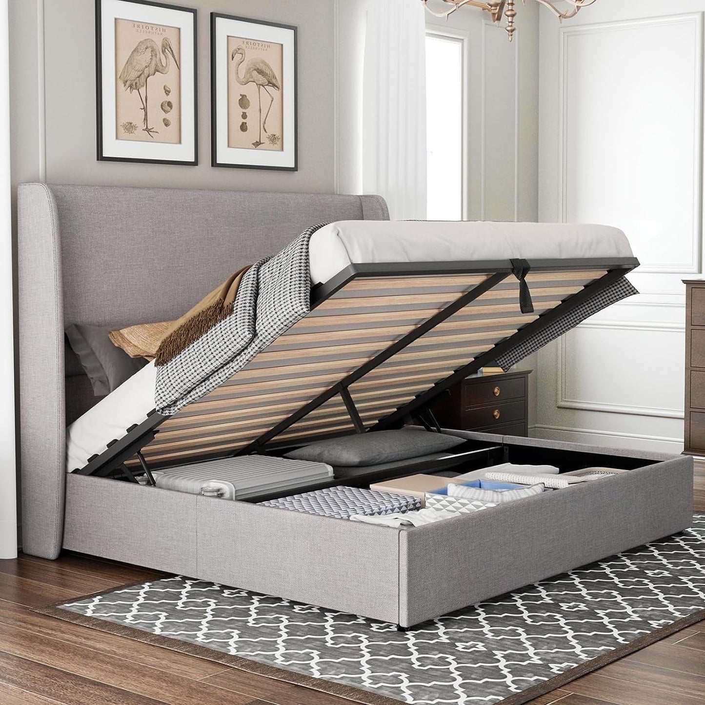 Merluxy Queen Bed Frame with Lift Up Storage,Linen Upholstered Platform Bed/ Wingback Headboard/No Box Spring Needed/Light gray