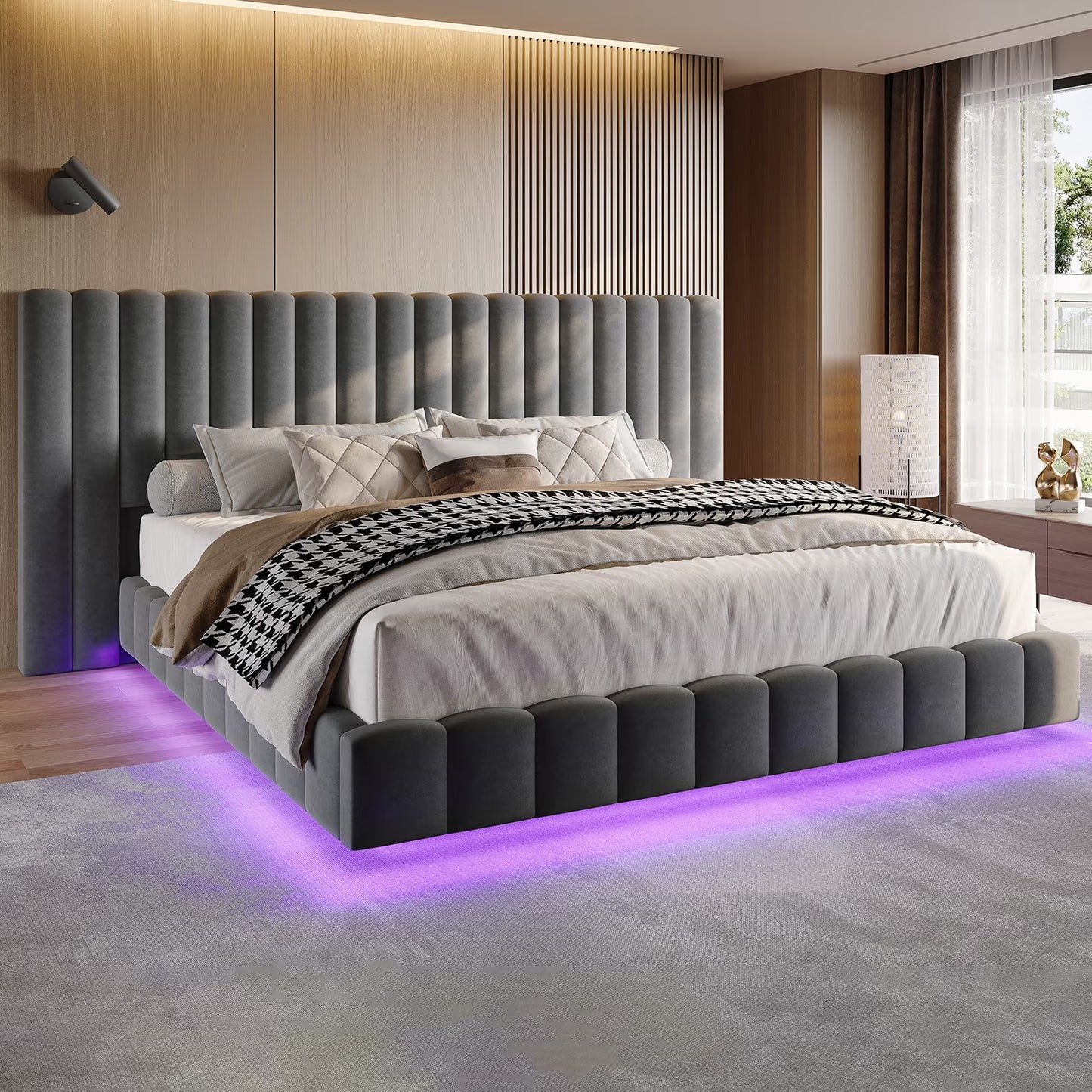 Merluxy Bed Frame with Oversized Headboard, Floating Design, RGB LED Lights, No Box Spring Needed, Velvet