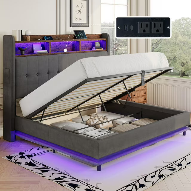 Merluxy Lift Up Bed Frame with Charging Station & LED Lights, Upholstered Bookcase Headboard with Wingback, Hydraulic Lift Storage, No Box Spring Needed, Sturdy Wood Slats Support
