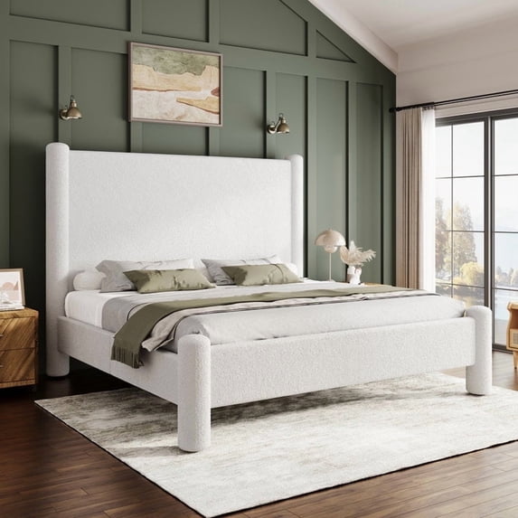 Merluxy Bed Frame, Boucle Upholstered Bed Frame with Charging Station, Platform Bed with Soft Rounded Corners, Easy Assembly