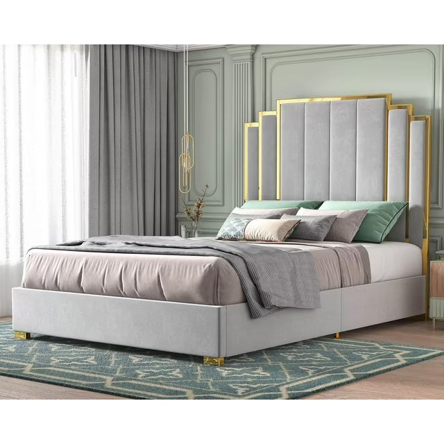 Merluxy Bed Frame and 61" Headboard, Upholstered Bed with Golden Plating Trim, Modern Platform Bed No Box Spring Needed
