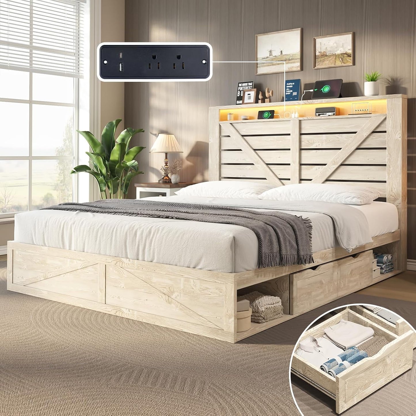 Merluxy Queen Size Bed Frame with Drawers & Storage Space & Charging Station, Wooden Slats