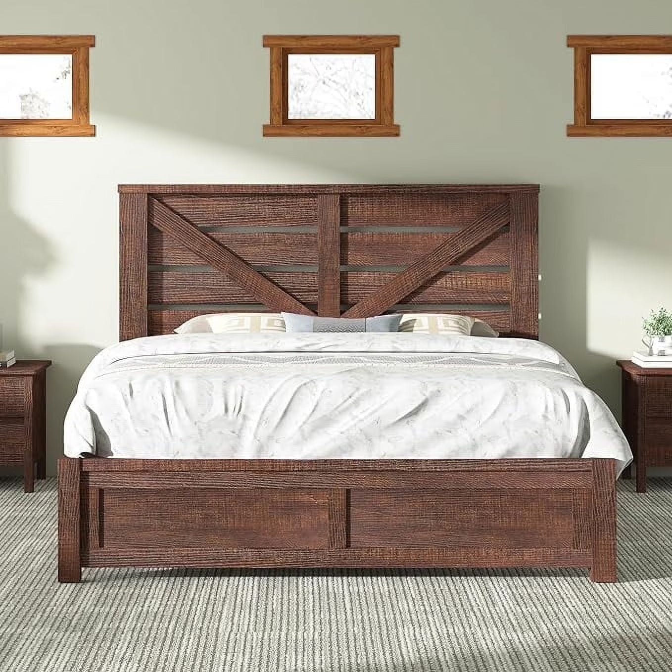 Merluxy Farmhouse Bed Frame with Barn Door Headboard, Platform Bed Frame with Wood Slats, Under Bed Storage Space