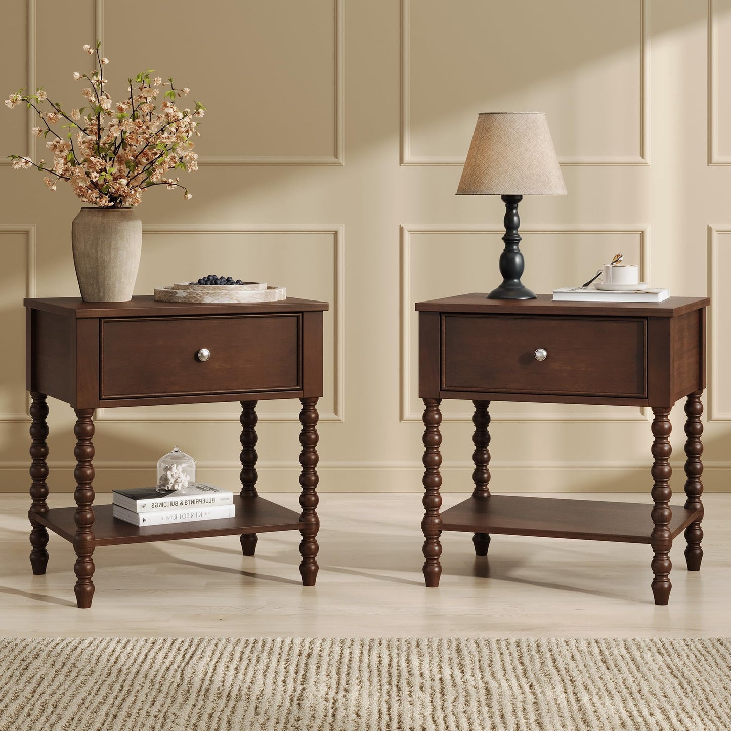 Merluxy Solid Wood Nightstand Set of 2 with Turned Legs, Vintage Wide Bedside Table with Drawer, Wooden End Table for Bedroom/Living Room