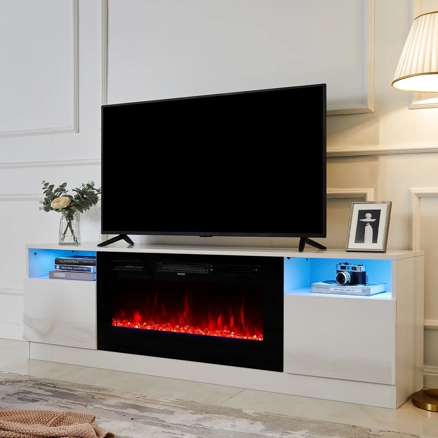 PLAUIN TV Stand with Fireplace, LED Light Entertainment Center for TVs