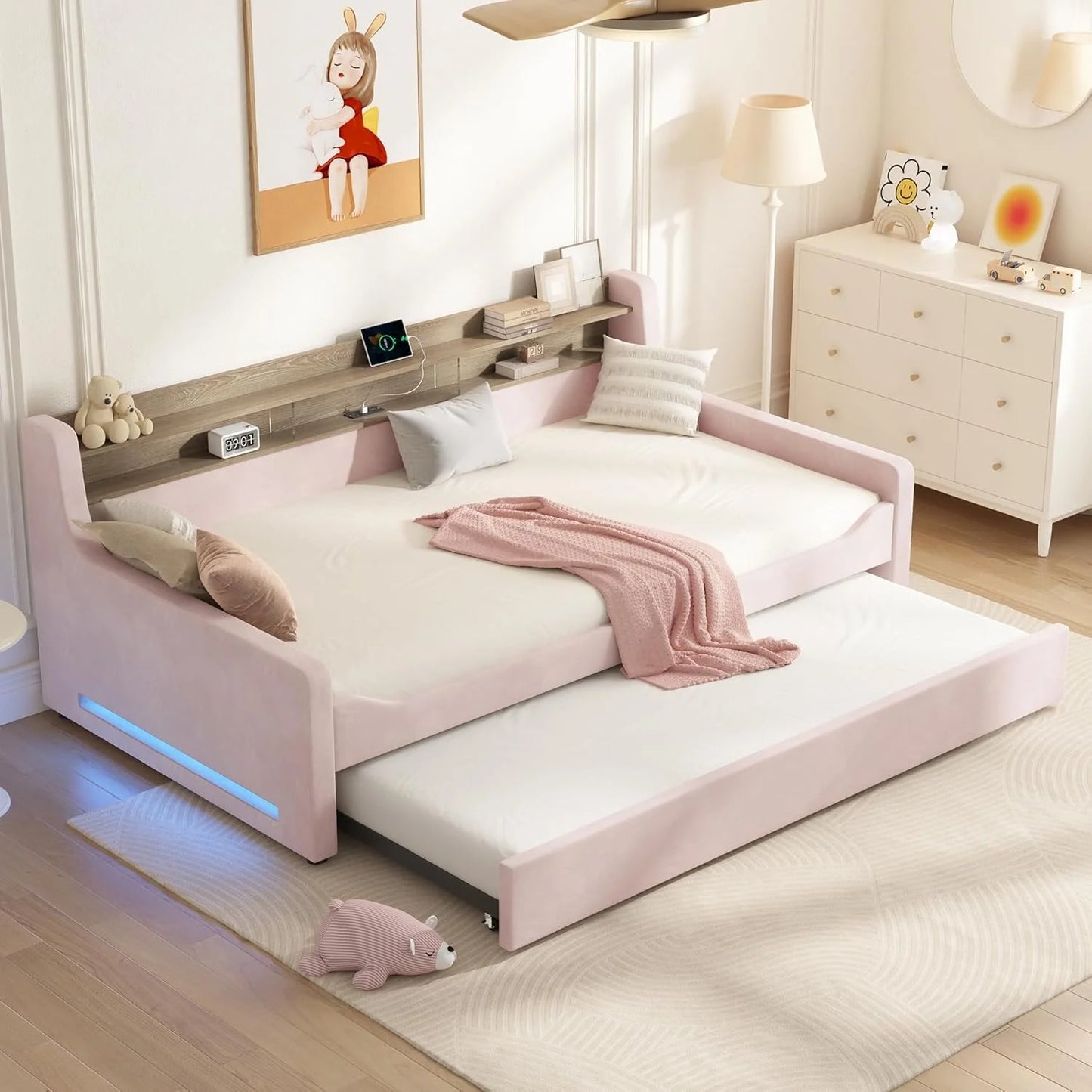 Papajet Twin DayBed with Charging Station and LED Lights, Metal Twin Daybed with Trundle for Living Room, Bedroom, Guest Room