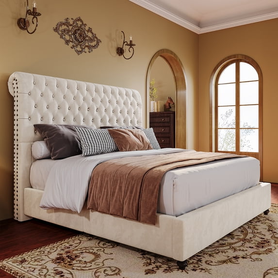 Merluxy Upholstered Bed Frame Velvet Tufted Sleigh Headboard