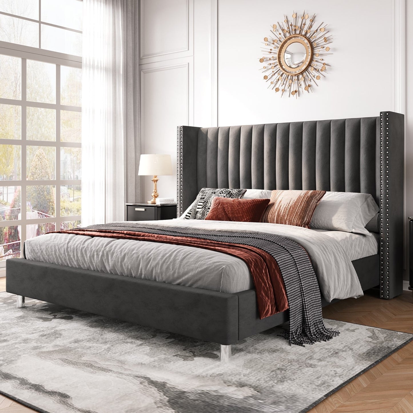 Merluxy Bed Frame Upholstered Bed Wingback Headborad Velvet Channel Tufted/No Box Spring Needed